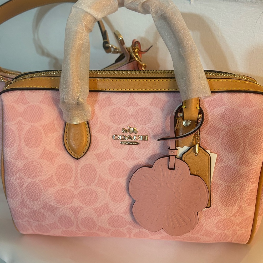 Coach Pink Signature Satchel with Tan Trim and Floral Charm - Picture 3 of 10